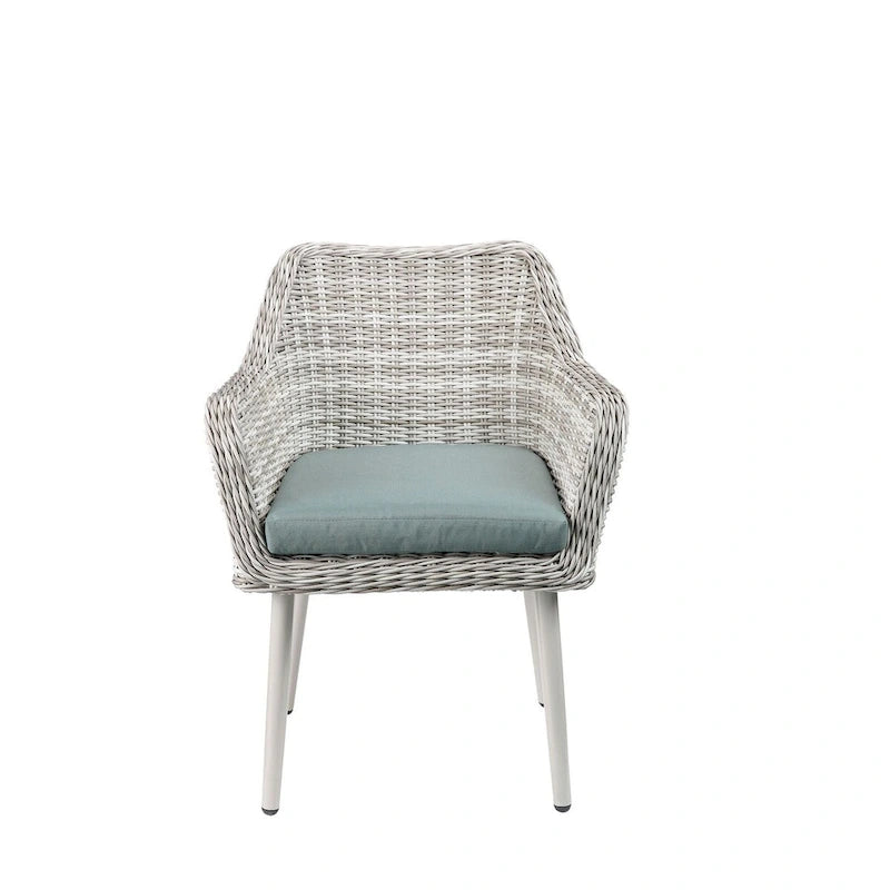 Ensemble de bistro de terrasse en osier beige avec coussins en tissu vert - Ensemble de salle à manger d'extérieur 3 pièces avec table à plateau en verre et fauteuils
