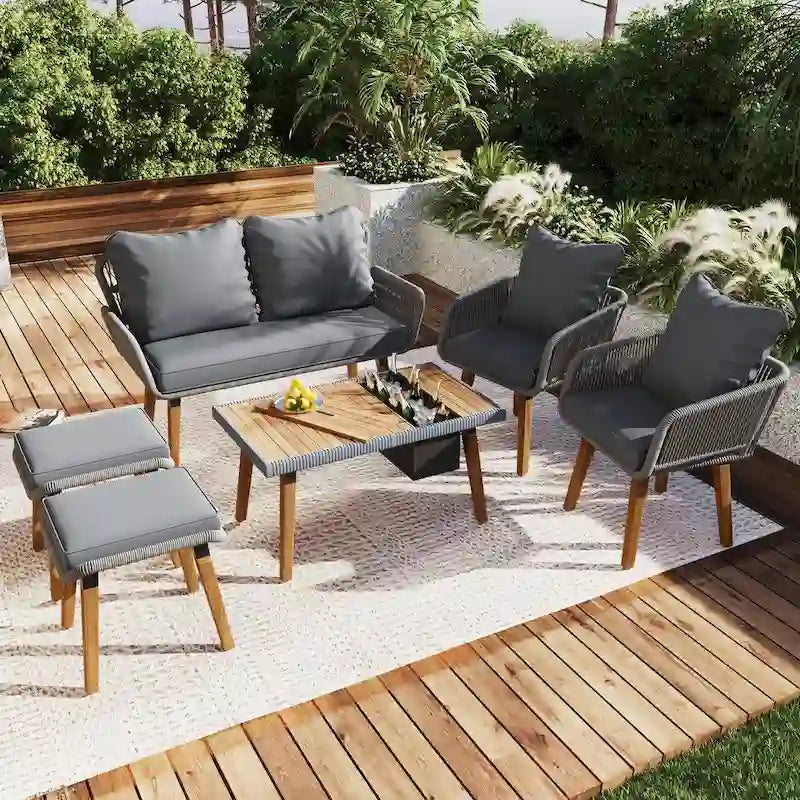 Ensemble d'extérieur en rotin tressé : Salon de jardin en bois d'acacia avec seau à glace, 6 pièces