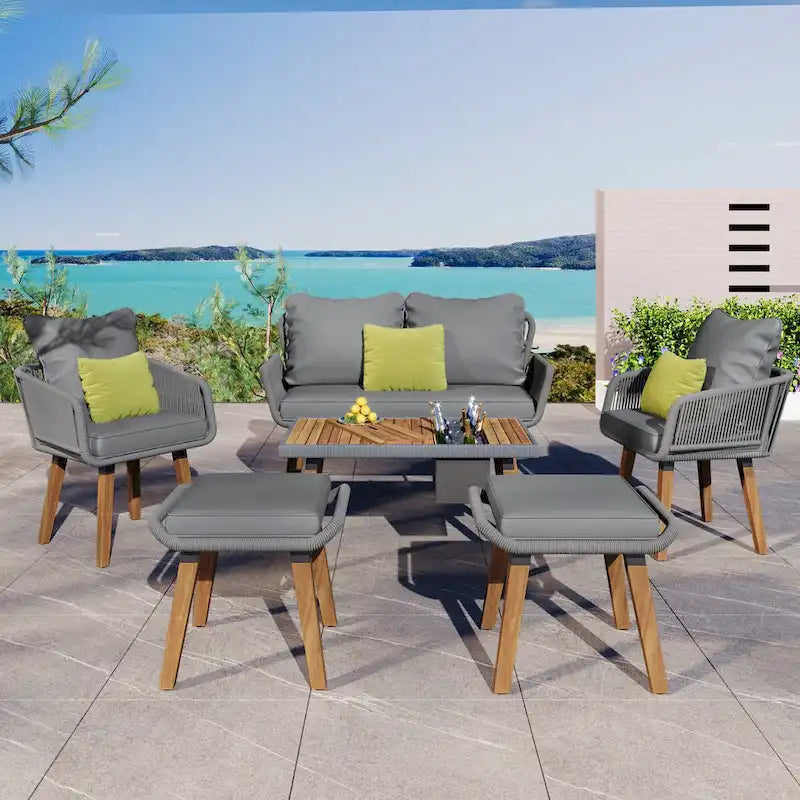 Ensemble d'extérieur en rotin tressé : Salon de jardin en bois d'acacia avec seau à glace, 6 pièces