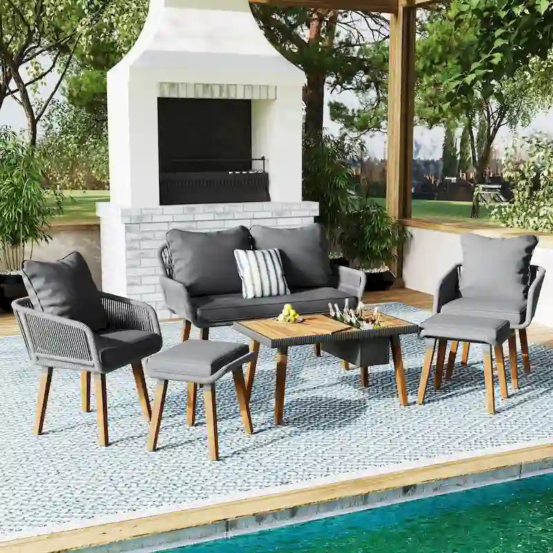 Ensemble d'extérieur en rotin tressé : Salon de jardin en bois d'acacia avec seau à glace, 6 pièces