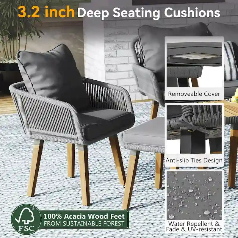 Ensemble d'extérieur en rotin tressé : Salon de jardin en bois d'acacia avec seau à glace, 6 pièces