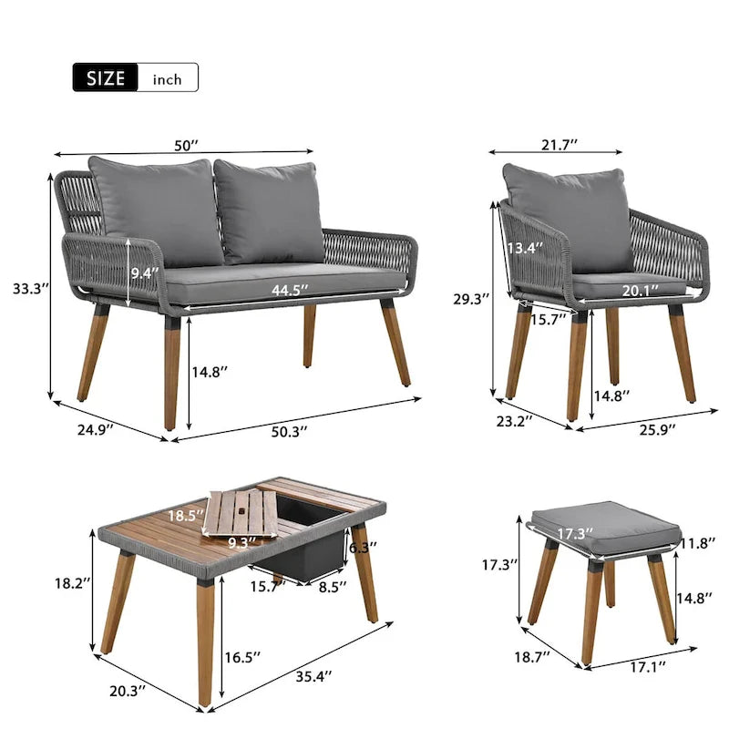 Ensemble d'extérieur en rotin tressé : Salon de jardin en bois d'acacia avec seau à glace, 6 pièces
