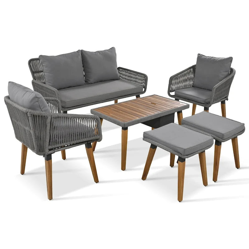 Ensemble d'extérieur en rotin tressé : Salon de jardin en bois d'acacia avec seau à glace, 6 pièces