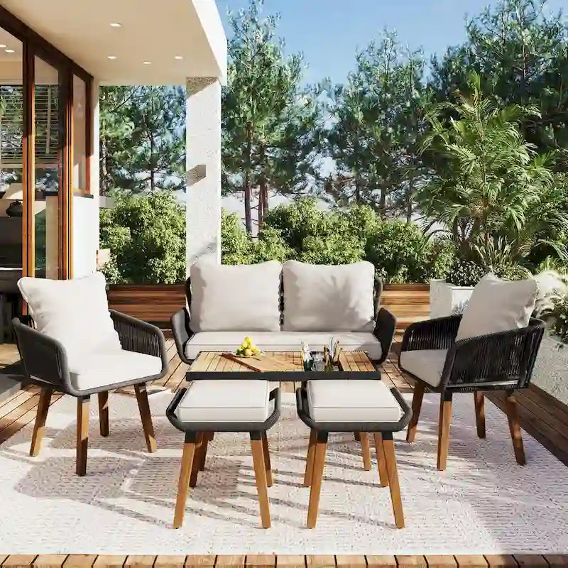 Ensemble d'extérieur en rotin tressé : Salon de jardin en bois d'acacia avec seau à glace, 6 pièces