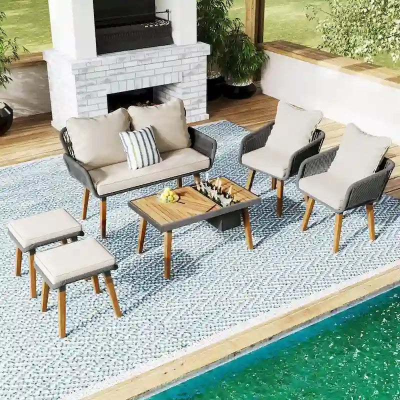Ensemble d'extérieur en rotin tressé : Salon de jardin en bois d'acacia avec seau à glace, 6 pièces