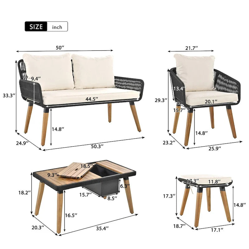 Ensemble d'extérieur en rotin tressé : Salon de jardin en bois d'acacia avec seau à glace, 6 pièces