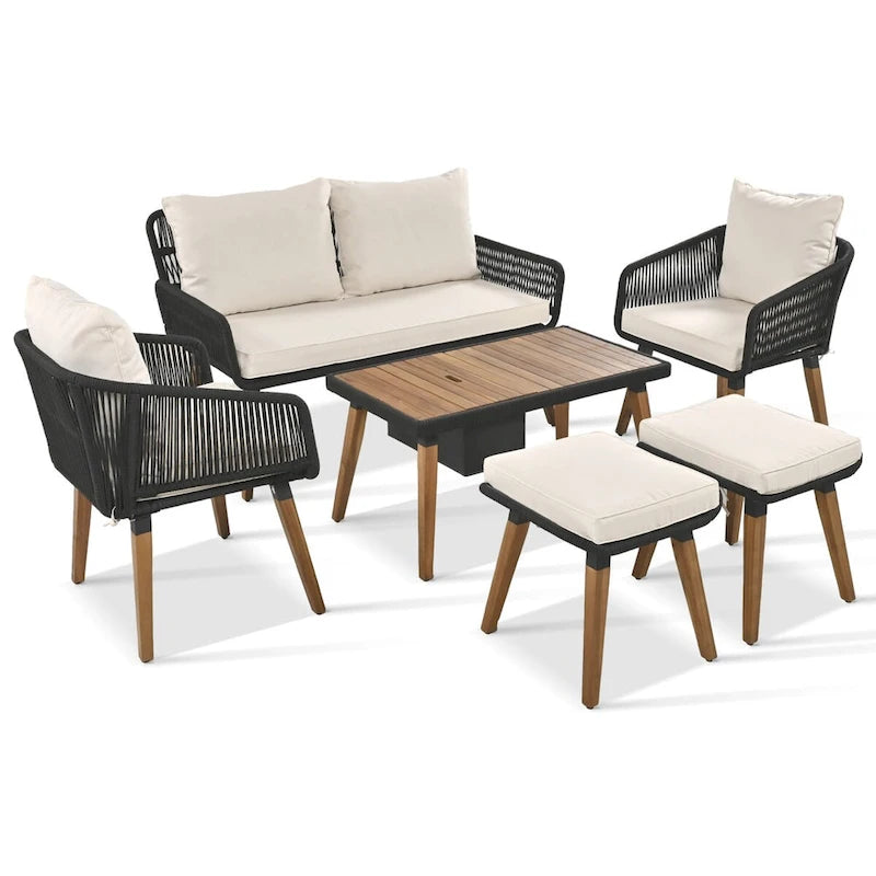 Ensemble d'extérieur en rotin tressé : Salon de jardin en bois d'acacia avec seau à glace, 6 pièces