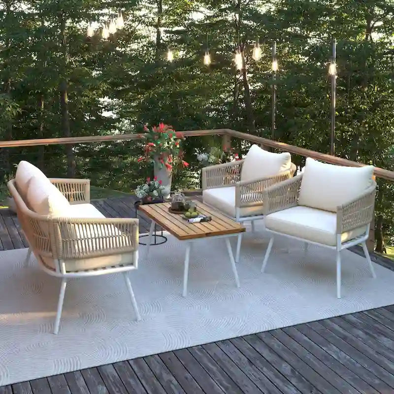 Salon de jardin 4 pièces en corde avec table en bois et coussins