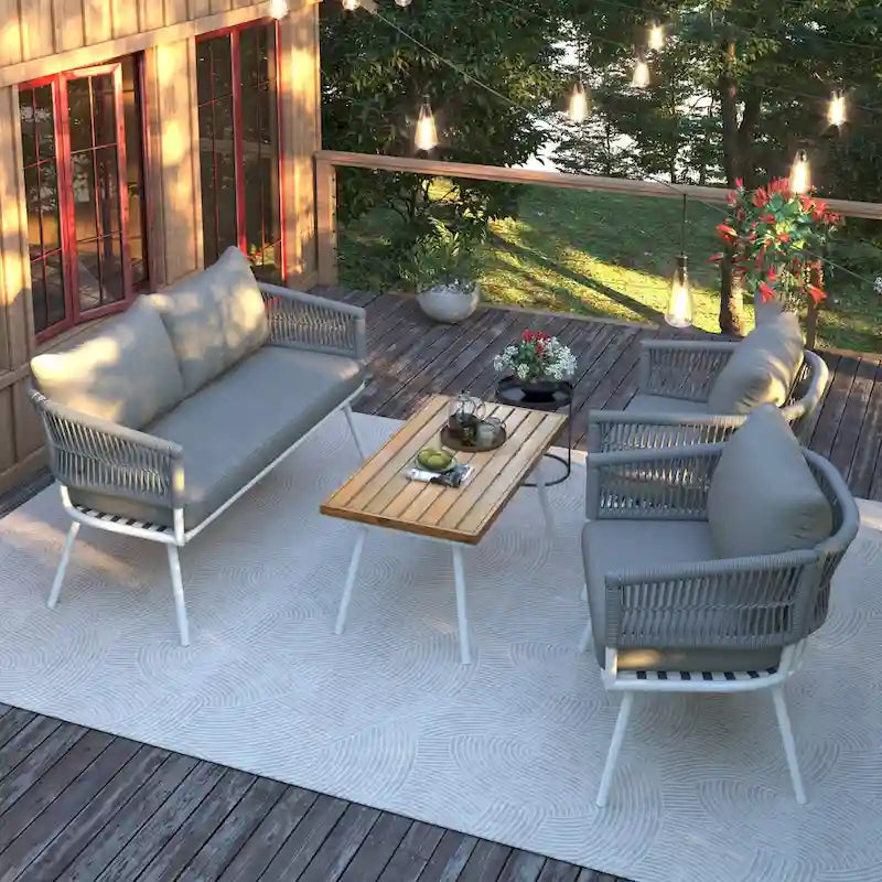 4-Pieces Rope Patio Conversation Set with Wooden Table & Cushion