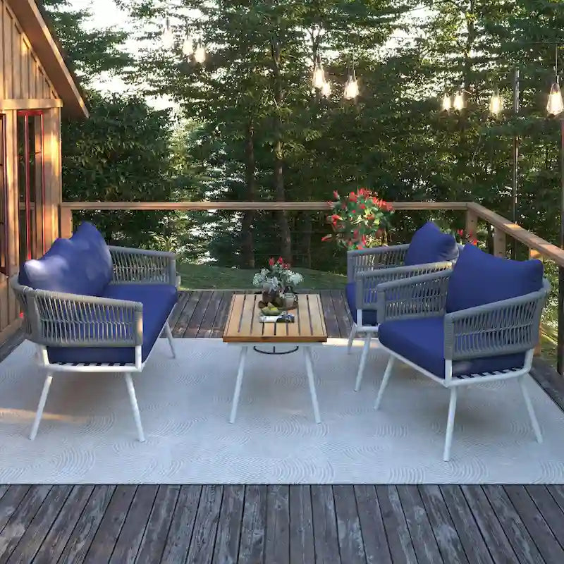 Salon de jardin 4 pièces en corde avec table en bois et coussins