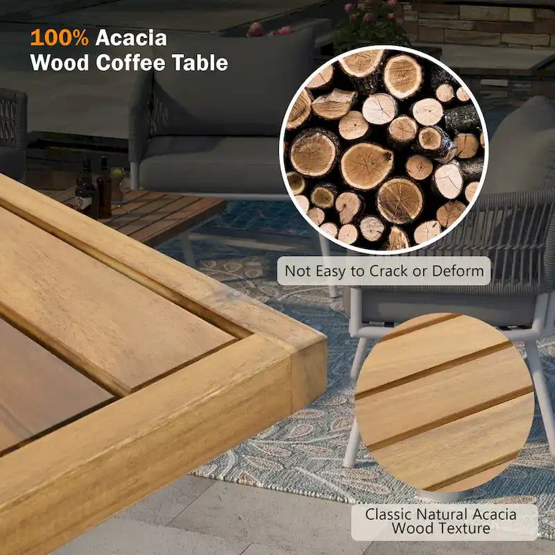 Salon de jardin 4 pièces en corde avec table en bois et coussins