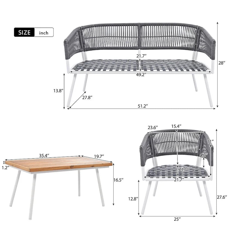 Salon de jardin 4 pièces en corde avec table en bois et coussins