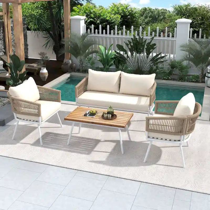 Salon de jardin 4 pièces en corde avec table en bois et coussins