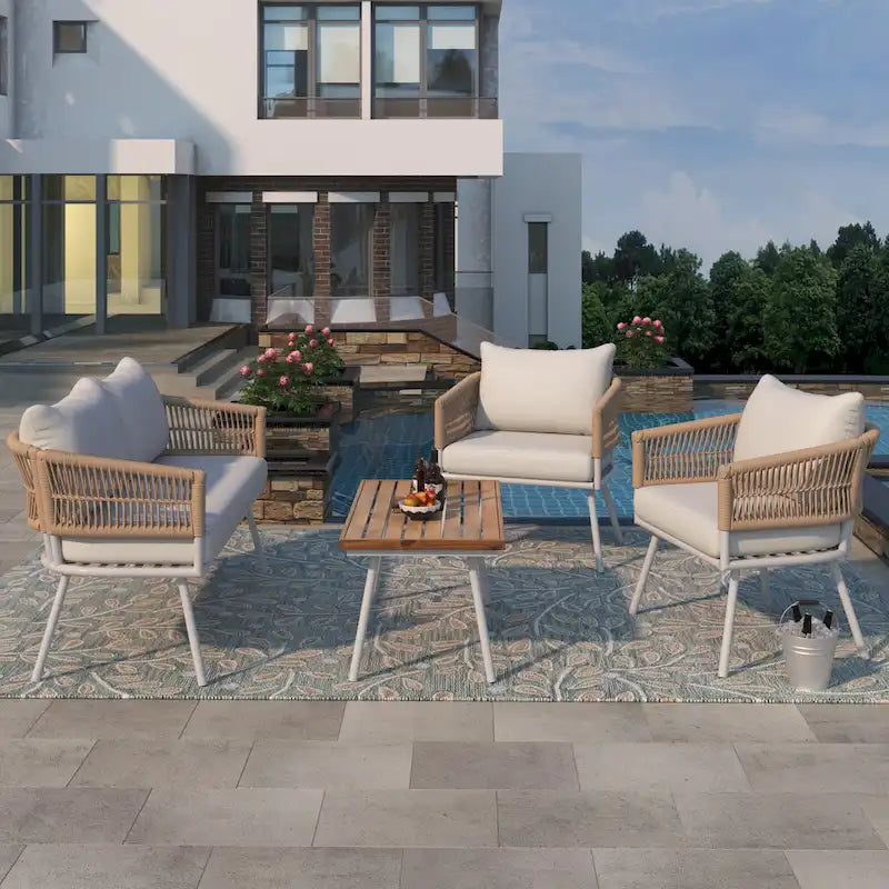 Salon de jardin 4 pièces en corde avec table en bois et coussins