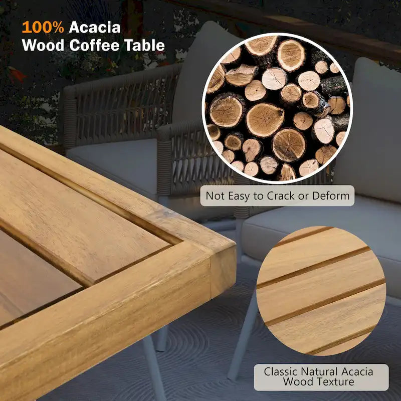 Salon de jardin 4 pièces en corde avec table en bois et coussins