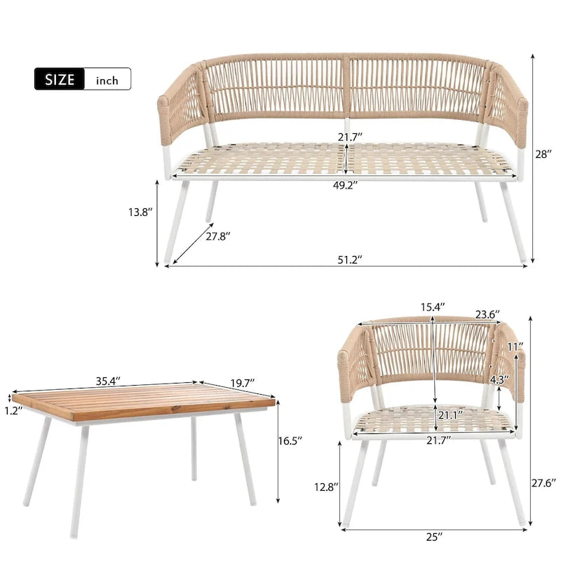 Salon de jardin 4 pièces en corde avec table en bois et coussins