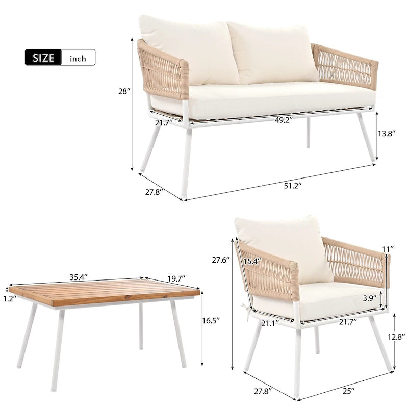 Salon de jardin 4 pièces en corde avec table en bois et coussins