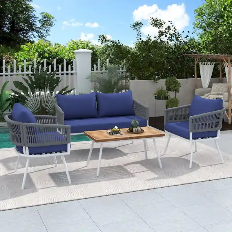 Salon de jardin 4 pièces en corde avec table en bois et coussins