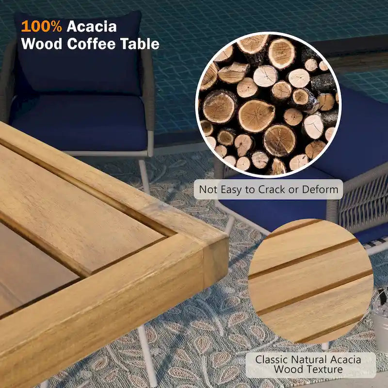 Salon de jardin 4 pièces en corde avec table en bois et coussins