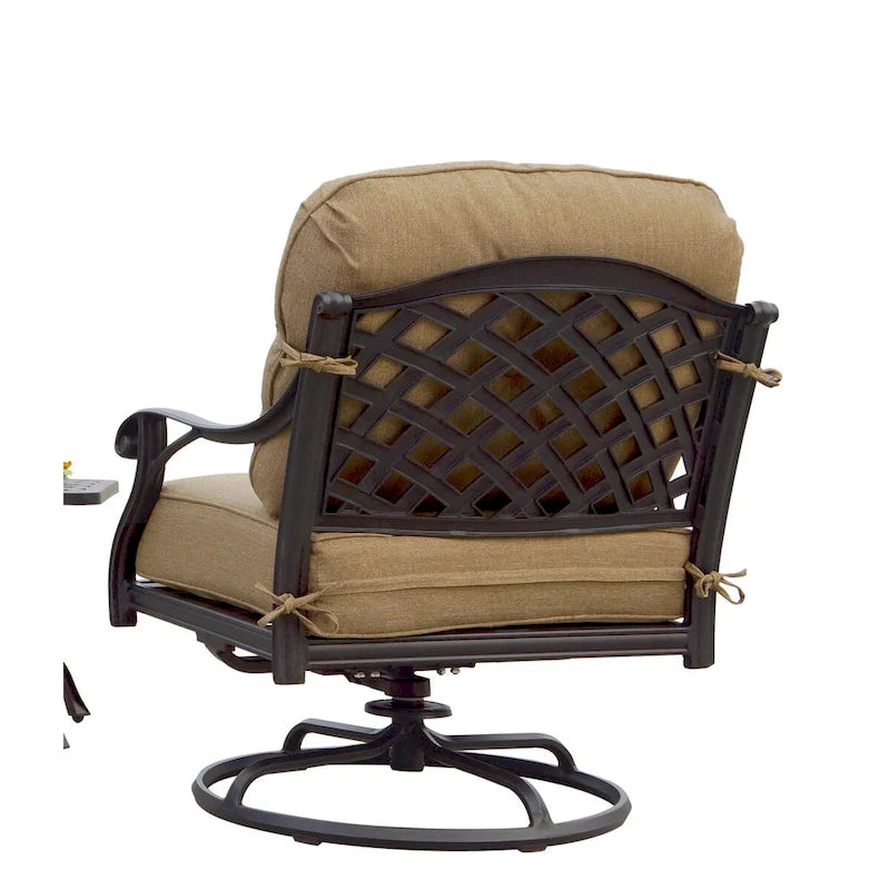 Ensemble de conversation d'extérieur 5 pièces Nassau avec foyer propane, fauteuils club à bascule et table de conversation ronde de 47 po avec coussins