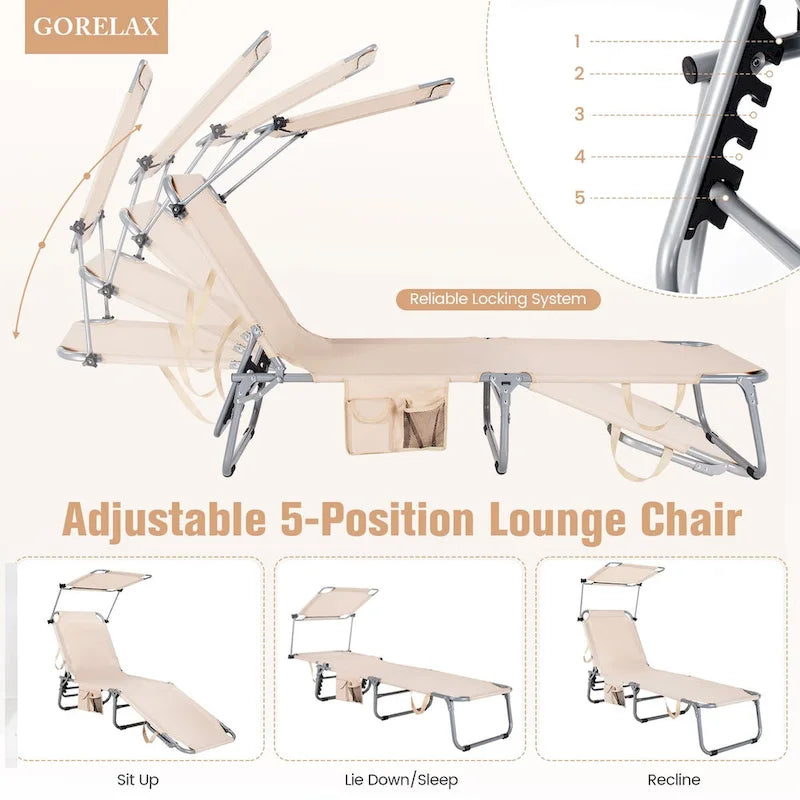 Chaise longue d'extérieur inclinable 5 positions avec pare-soleil