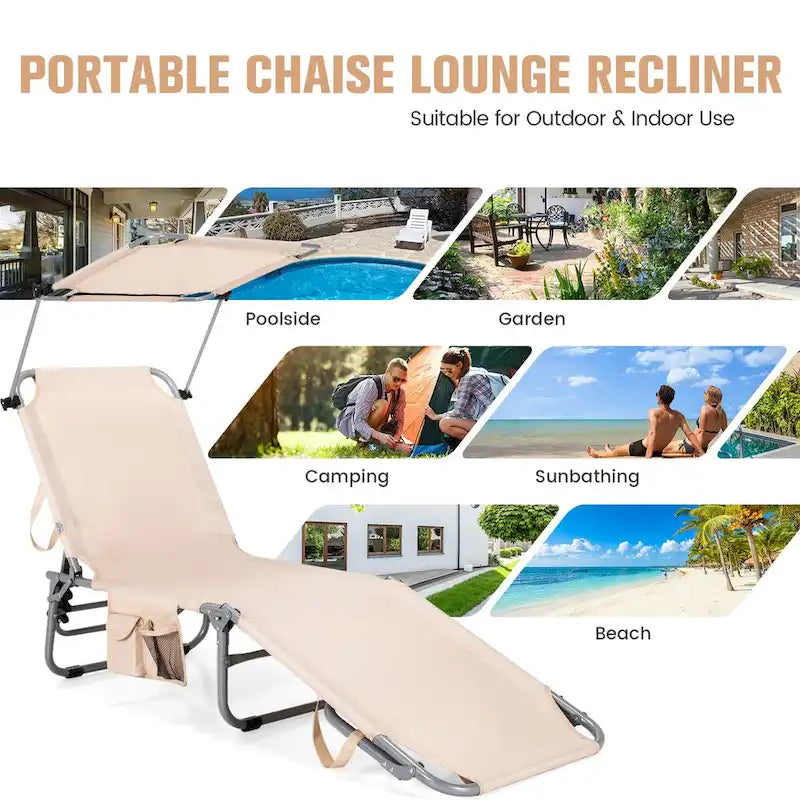 Chaise longue d'extérieur inclinable 5 positions avec pare-soleil