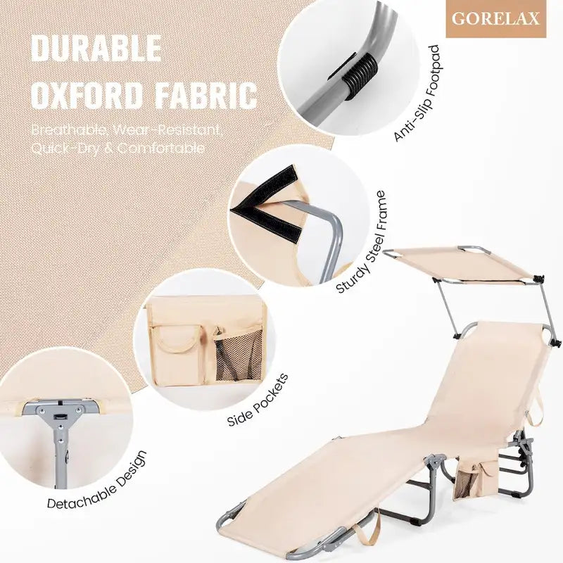 Chaise longue d'extérieur inclinable 5 positions avec pare-soleil