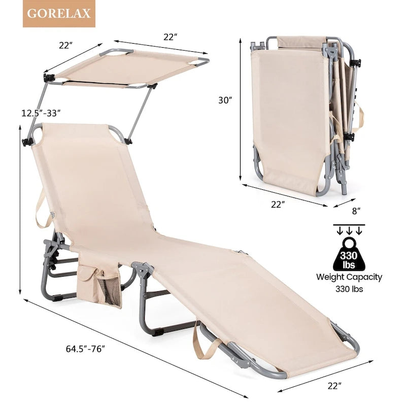 Chaise longue d'extérieur inclinable 5 positions avec pare-soleil