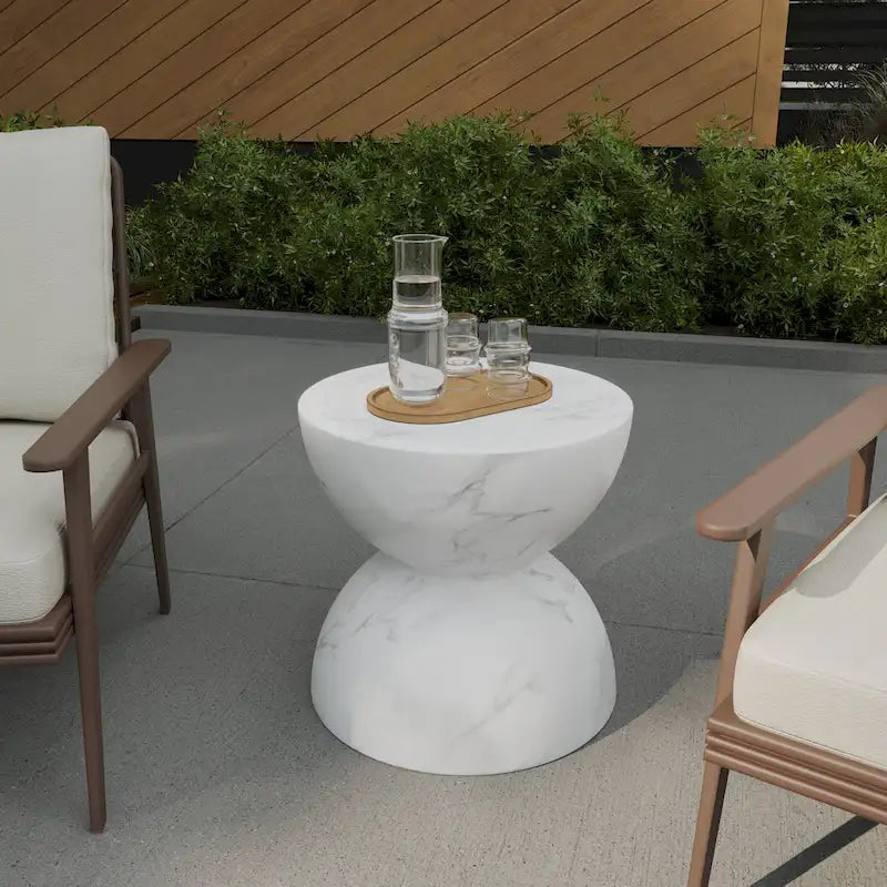Table d'appoint ronde Sage de 16 po en Fibrestone pour intérieur et extérieur, design sablier moderne et résistante aux intempéries