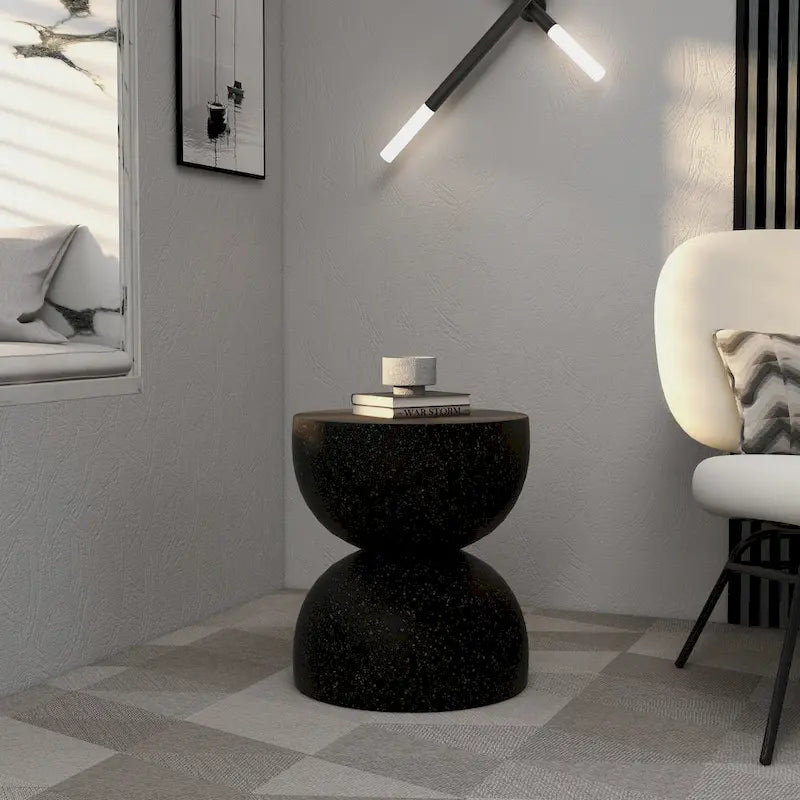 Table d'appoint ronde Sage de 16 po en Fibrestone pour intérieur et extérieur, design sablier moderne et résistante aux intempéries