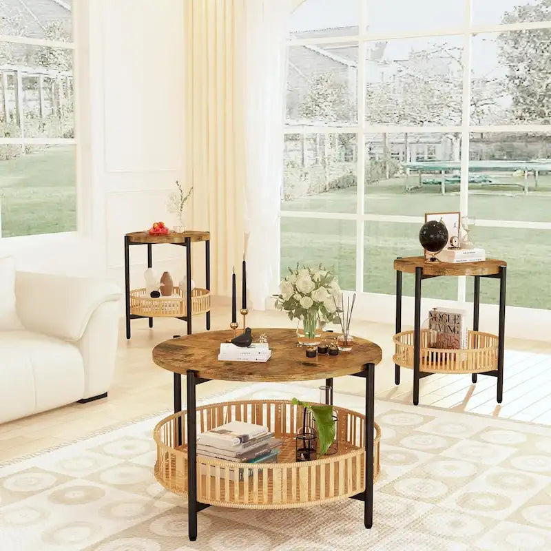 Mieres, lot de 3 tables basses, ensemble de tables de salon en bois marron rustique