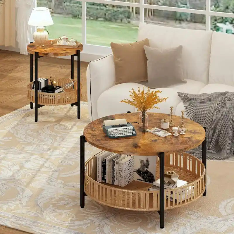 Mieres, lot de 3 tables basses, ensemble de tables de salon en bois marron rustique