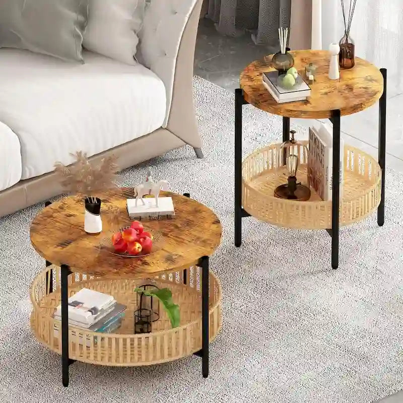 Mieres, lot de 3 tables basses, ensemble de tables de salon en bois marron rustique