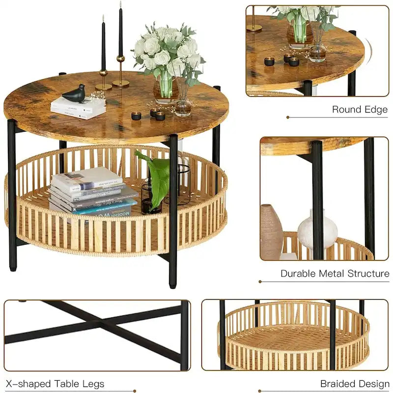 Mieres, lot de 3 tables basses, ensemble de tables de salon en bois marron rustique