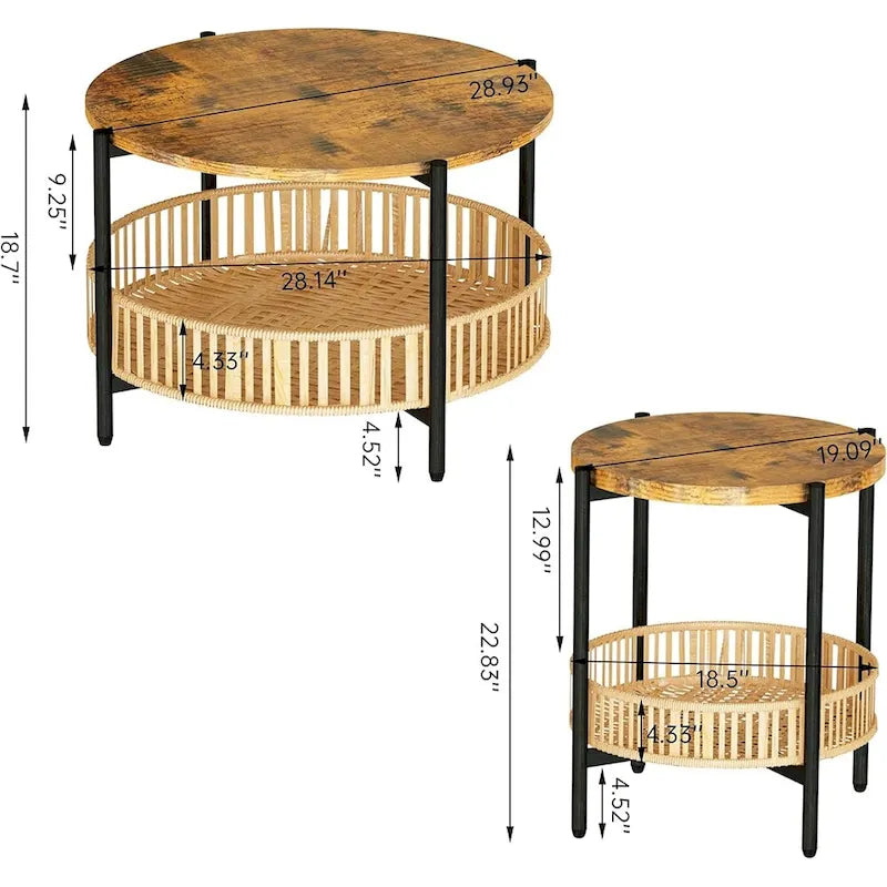 Mieres, lot de 3 tables basses, ensemble de tables de salon en bois marron rustique