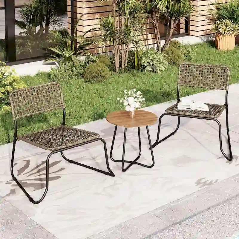 Ensemble bistrot d'extérieur 3 pièces en osier, mobilier en rotin avec chaises empilables et table d'appoint