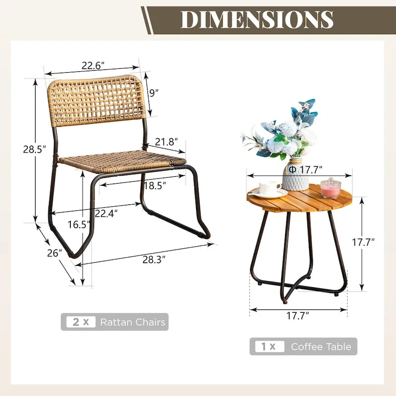 Ensemble bistrot d'extérieur 3 pièces en osier, mobilier en rotin avec chaises empilables et table d'appoint