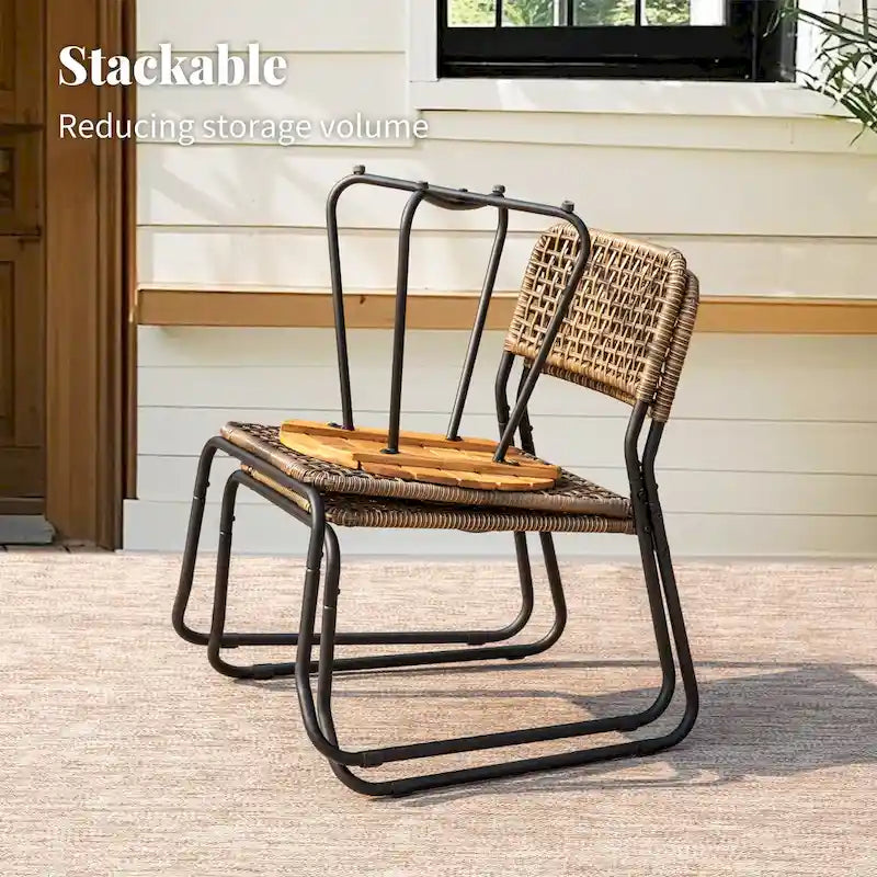 Ensemble bistrot d'extérieur 3 pièces en osier, mobilier en rotin avec chaises empilables et table d'appoint