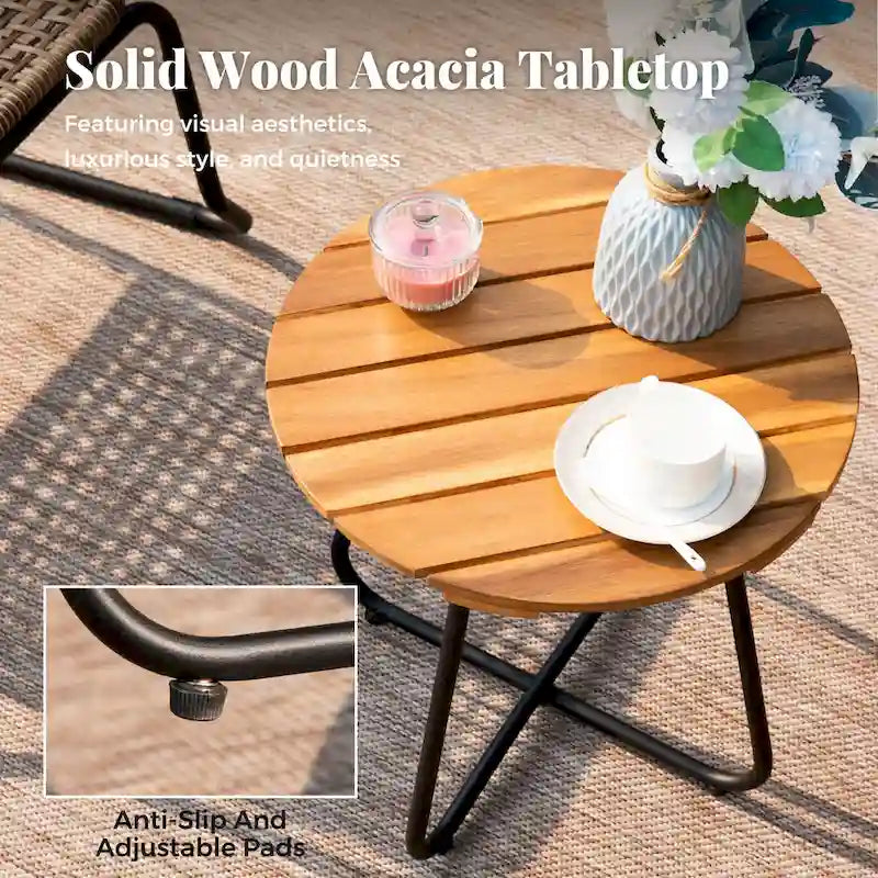 Ensemble bistrot d'extérieur 3 pièces en osier, mobilier en rotin avec chaises empilables et table d'appoint