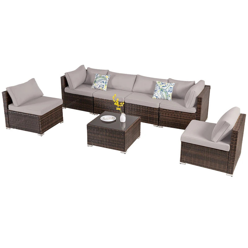 Ensemble de conversation d'extérieur 7 pièces en osier avec coussins marron, 6 canapés, 1 table