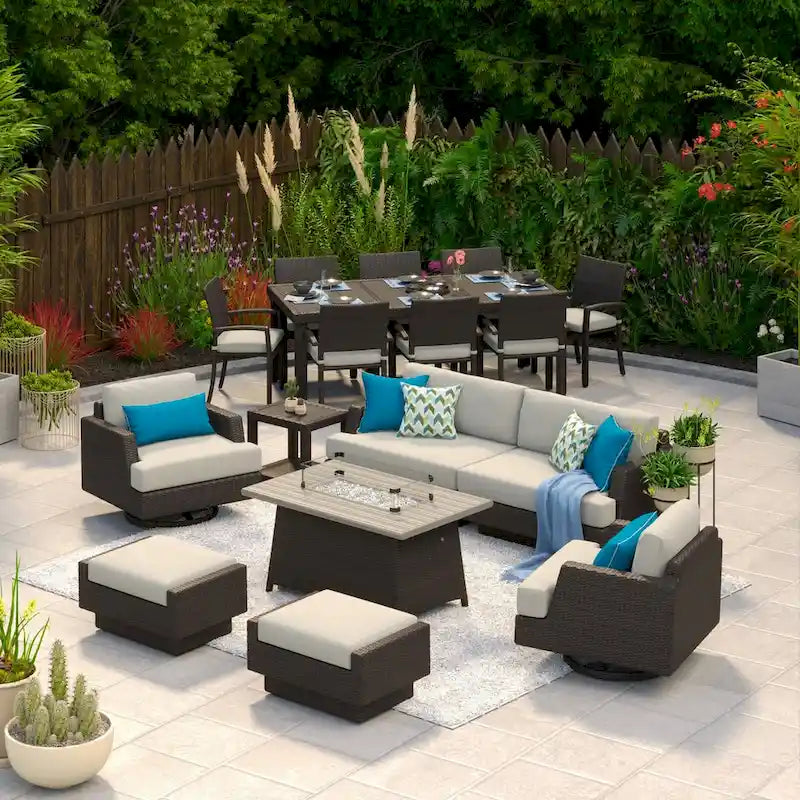 Portofino Comfort 17 Piece Sunbrella Outdoor Patio Motion Seating & Dining Set With Fire Table