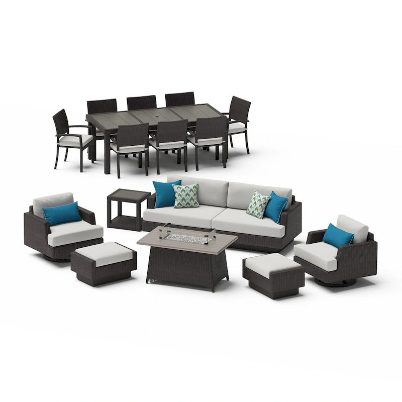 Portofino Comfort – Ensemble de 17 pièces d'extérieur Sunbrella pour salon de jardin et repas avec table brasero
