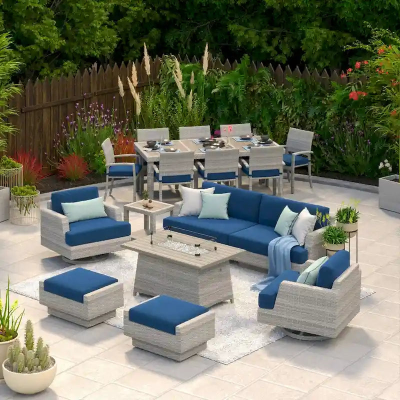 Portofino Comfort – Ensemble de 17 pièces d'extérieur Sunbrella pour salon de jardin et repas avec table brasero
