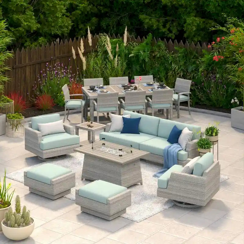 Portofino Comfort – Ensemble de 17 pièces d'extérieur Sunbrella pour salon de jardin et repas avec table brasero