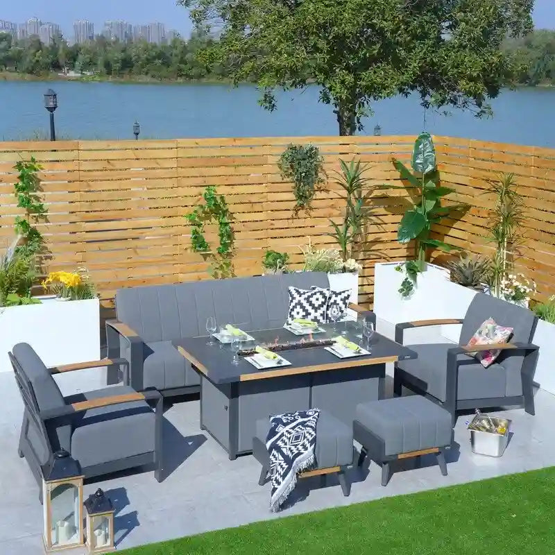 Ensemble de conversation en acrylique pour patio avec table brasero et barbecue