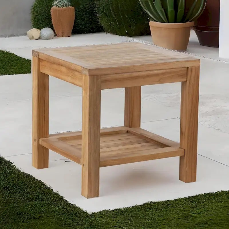 RRI Goods Table d'appoint en teck avec rangement, table d'appoint en bois pour intérieur et extérieur, terrasse, porche, balcon, jardin – 18W
