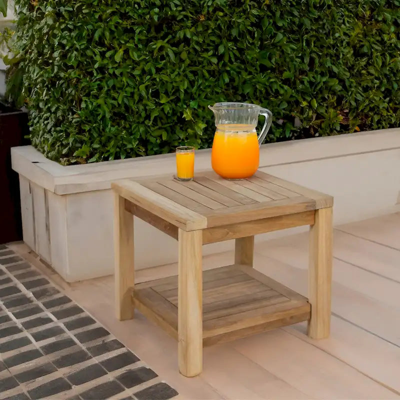 RRI Goods Table d'appoint en teck avec rangement, table d'appoint en bois pour intérieur et extérieur, terrasse, porche, balcon, jardin – 18W
