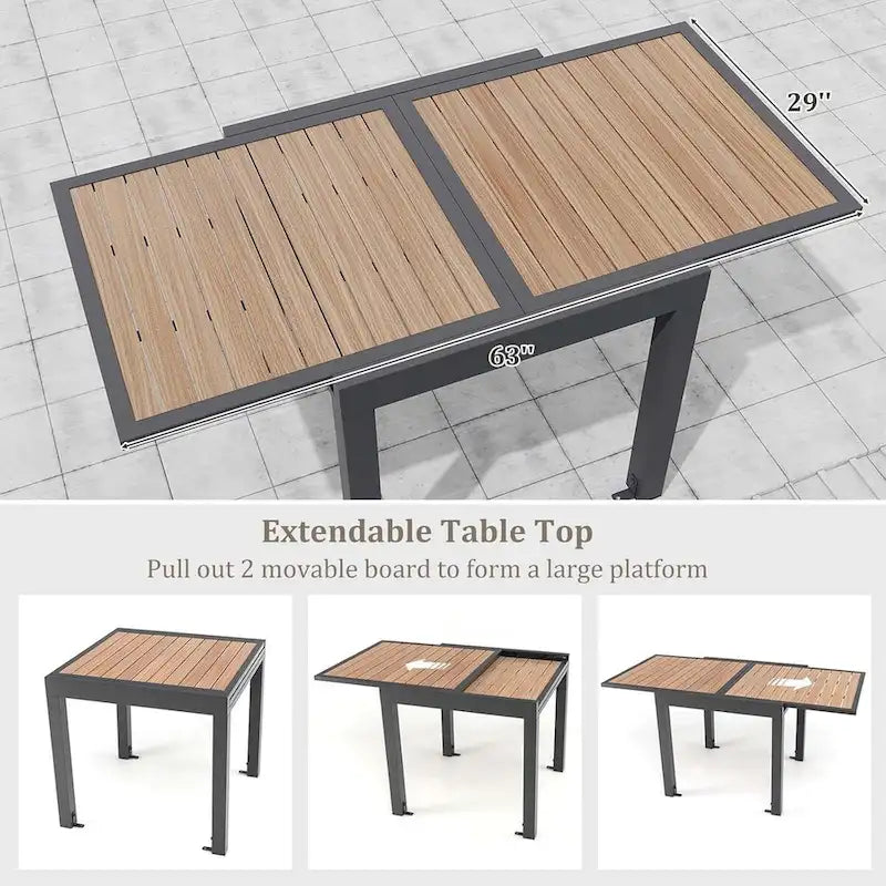 Table de patio extensible d'extérieur 31,5-63 pouces, entretoise en L incluse