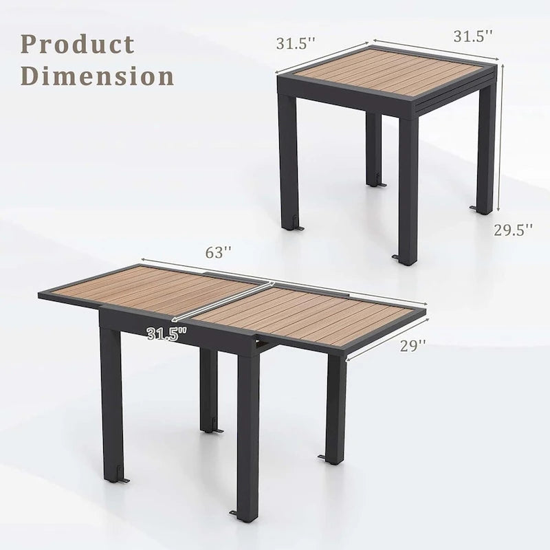 Table de patio extensible d'extérieur 31,5-63 pouces, entretoise en L incluse