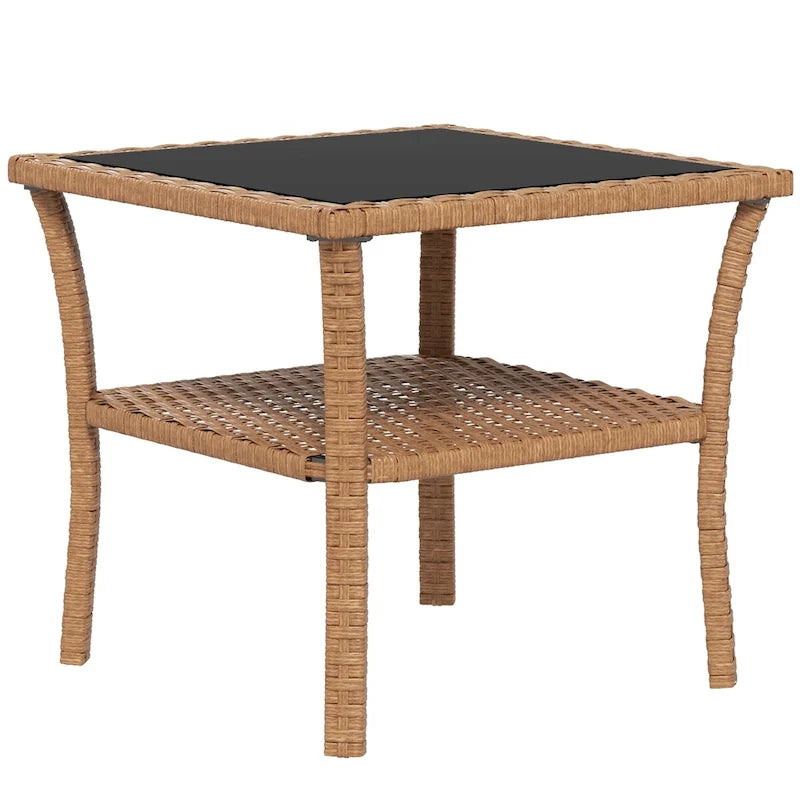 Table d'appoint en rotin, table d'appoint d'extérieur avec étagère de rangement, cadre carré en aluminium, table basse avec plateau en verre trempé